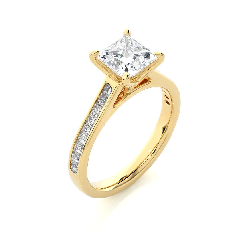 Princess Cut Diamond Gold Engagement Ring with Channel-Set Band