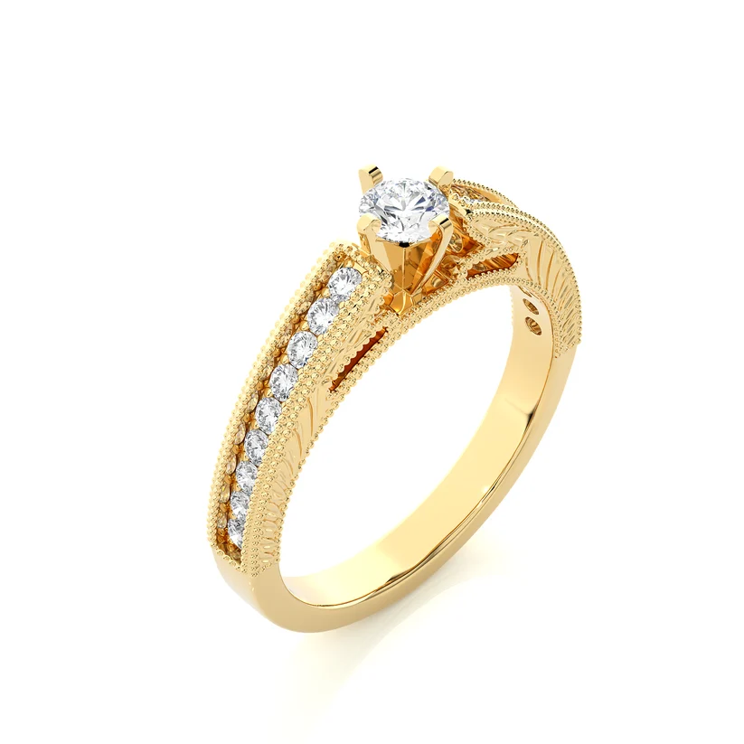 Vintage Round Solitaire Diamond Ring with Milgrain Diamond Band in 10K/14K/18K Yellow Gold