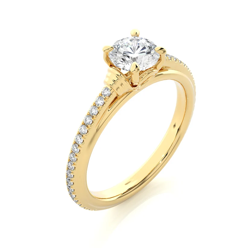 Round Brilliant Diamond Solitaire Engagement Ring with Pavé Band in Yellow Gold