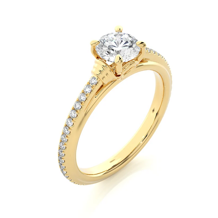 Round Brilliant Diamond Solitaire Engagement Ring with Pavé Band in Yellow Gold
