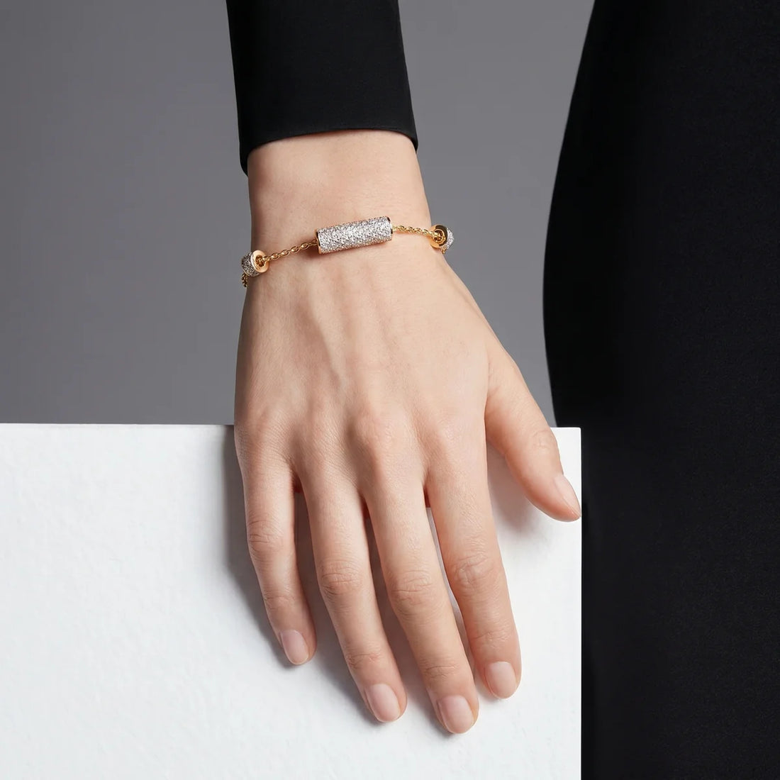 Luxury Diamond Pavé Barrel Bead Chain Bracelet in 925 Sterling Silver