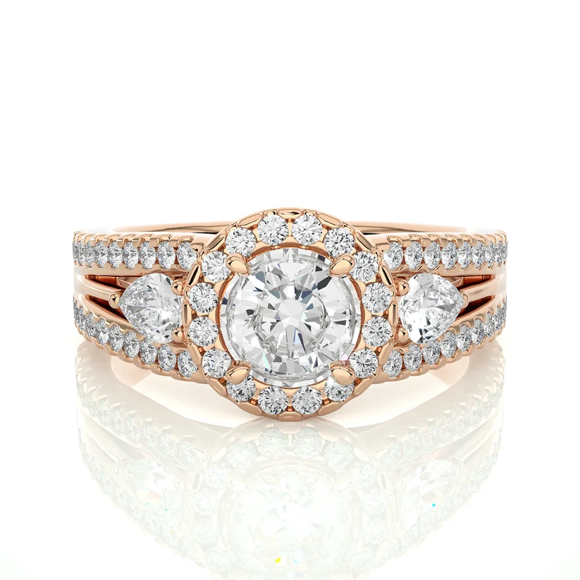 Round Halo Diamond Pear Side Stone Split Shank Engagement Ring in Solid Yellow Gold