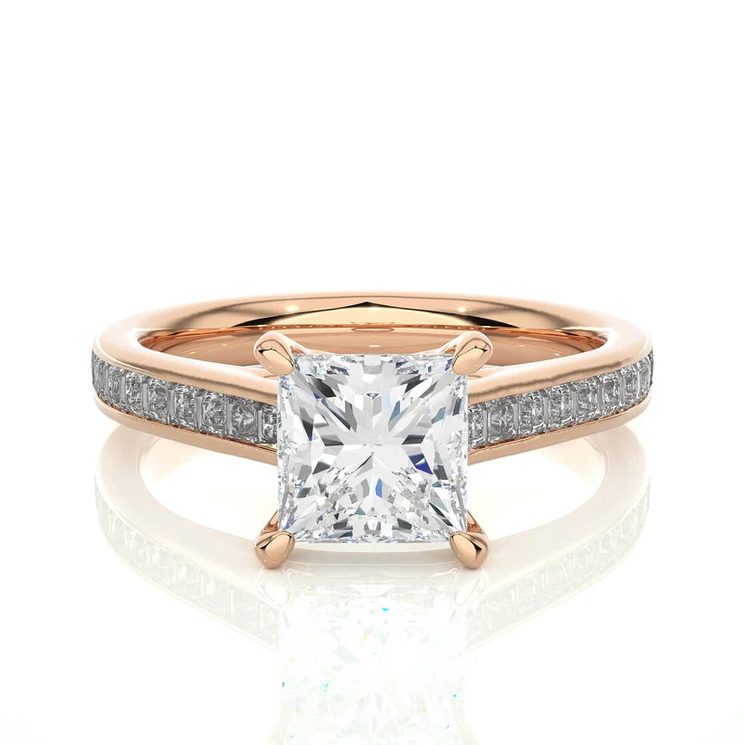 Princess Cut Diamond Gold Engagement Ring with Channel-Set Band