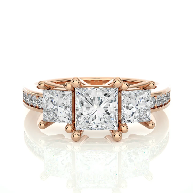 Princess Cut Three Stone Diamond Engagement Ring | Solid Yellow Gold | Channel-Set Diamond Band | Classic Trilogy Ring | Gift for Her