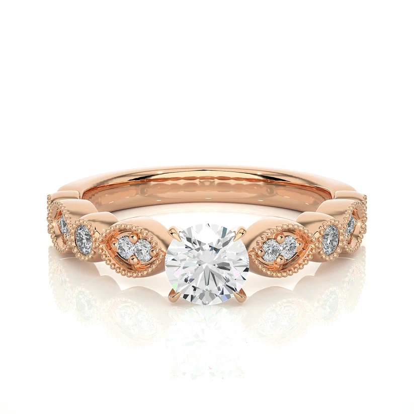 Vintage Milgrain Round Diamond Floral Engagement Ring in Solid Gold