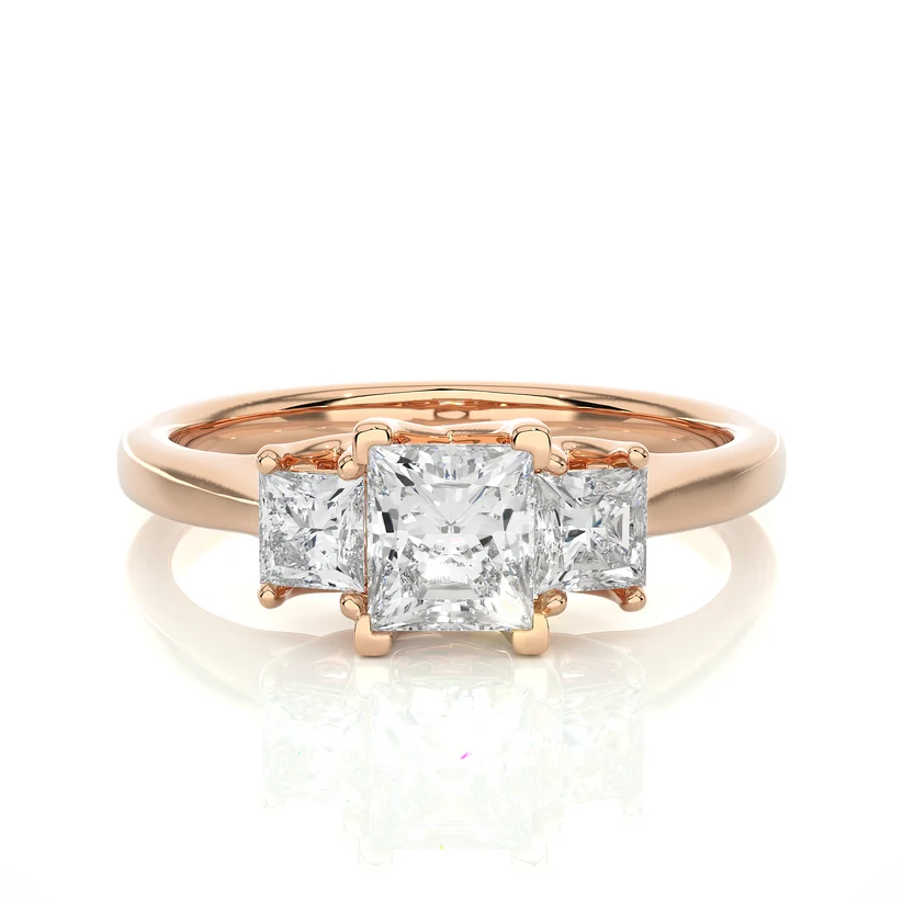 Three Stone Princess Cut Diamond Engagement Ring | Solid Gold | Classic Trilogy Ring | Gift for Her