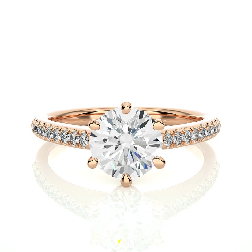 Classic Round Solitaire Diamond Gold Engagement Ring with Pavé Diamond Band