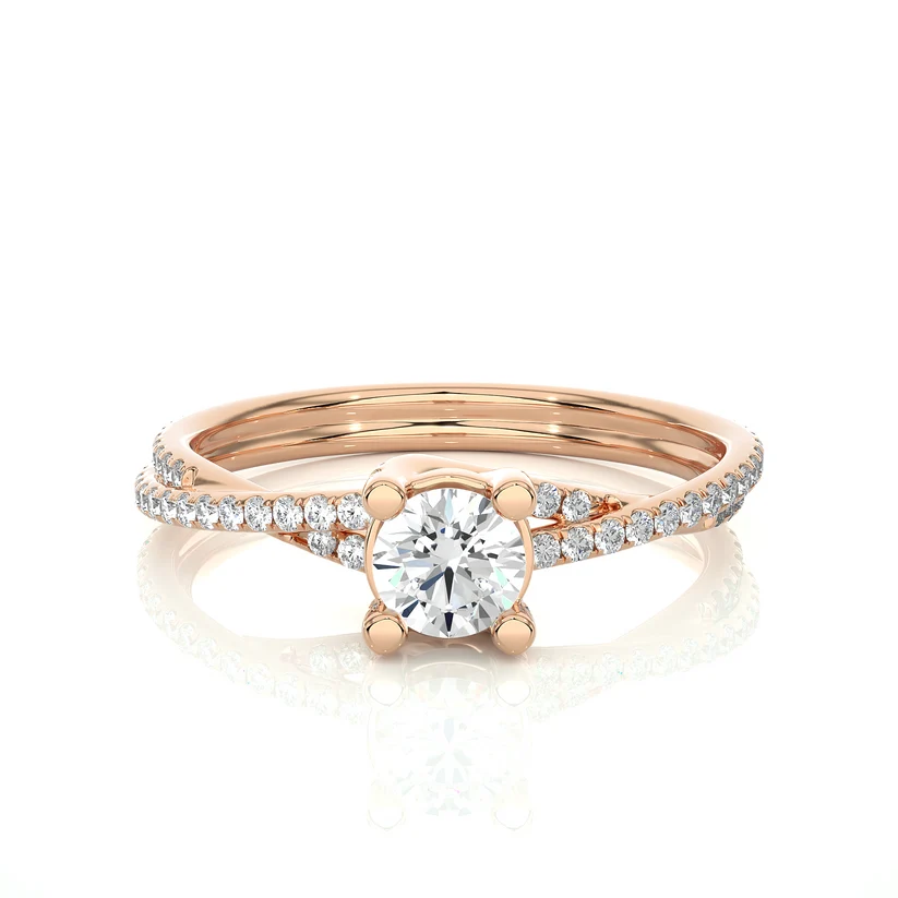 Twisted Round Solitaire Diamond Gold Engagement Ring with Pavé Diamond Band