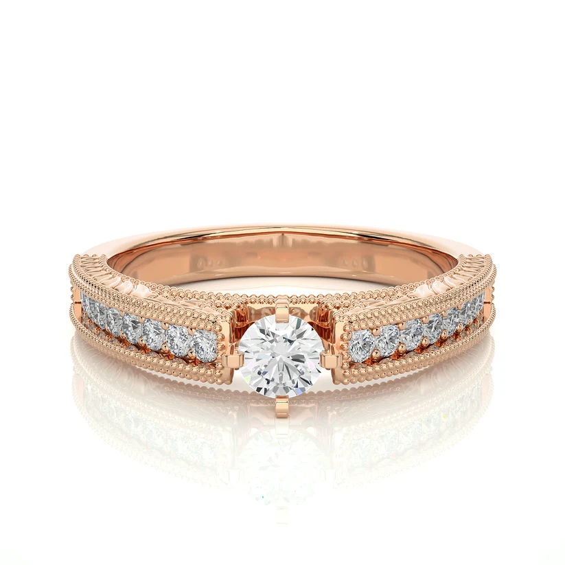 Vintage Round Solitaire Diamond Ring with Milgrain Diamond Band in 10K/14K/18K Yellow Gold