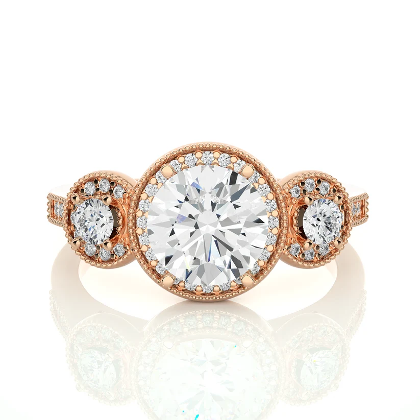 Vintage Three Stone Round Diamond Halo Engagement Ring | Solid Yellow Gold | Milgrain Diamond Ring | Classic Bridal Jewelry | Gift for Her