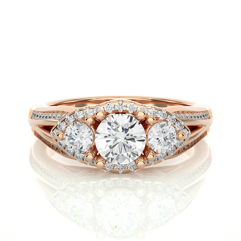 Round Three Stone Halo Diamond Engagement Ring | Solid Yellow Gold | Split Shank Pavé Band | Classic Bridal Ring