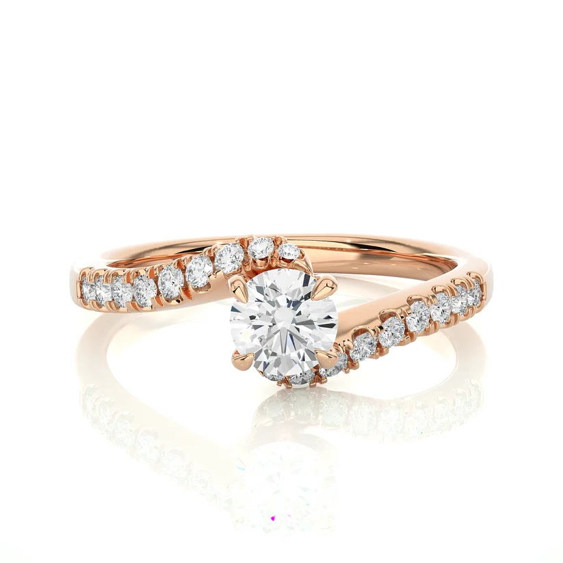 Twisted Round Brilliant Diamond Solitaire Engagement Ring | Solid Yellow Gold | Pavé Diamond Crossover Band | Four-Prong Setting | Gift for Her