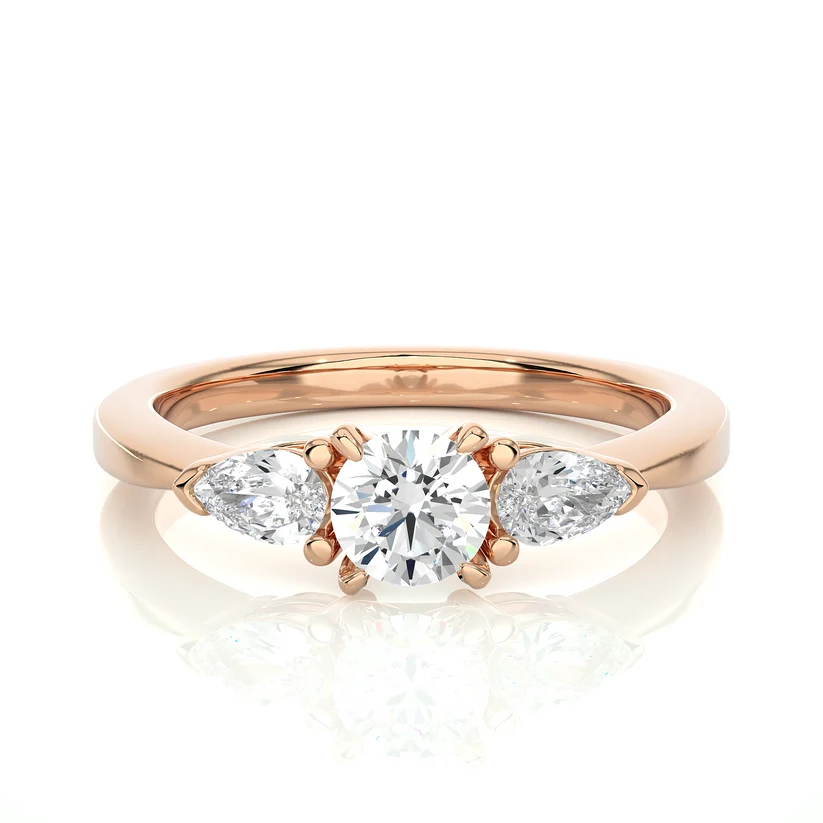 Round & Pear Cut Three Stone Diamond Engagement Ring in Yellow Gold