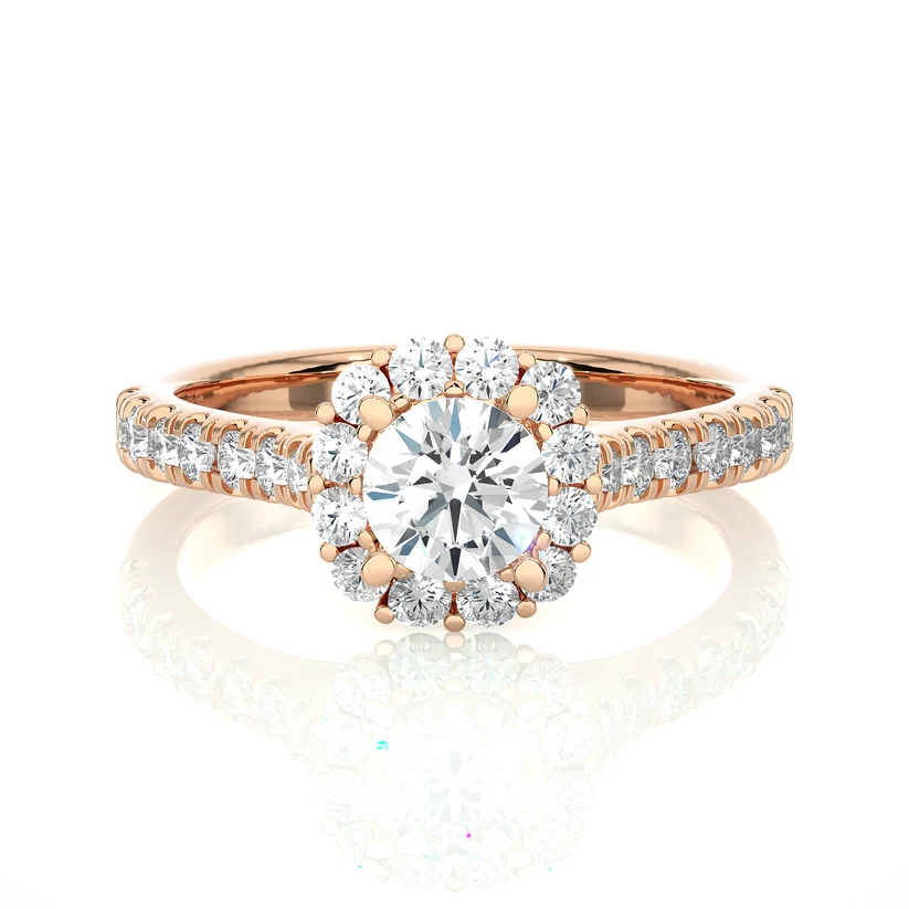Round Halo Diamond Engagement Ring | Solid Yellow Gold | Pavé Diamond Band | Classic Halo Setting |