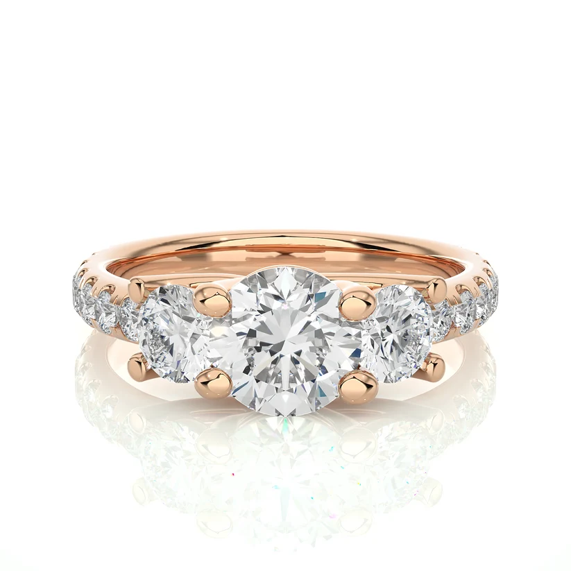 Three Stone Round Diamond Engagement Ring with Pavé Band in Solid Yellow Gold