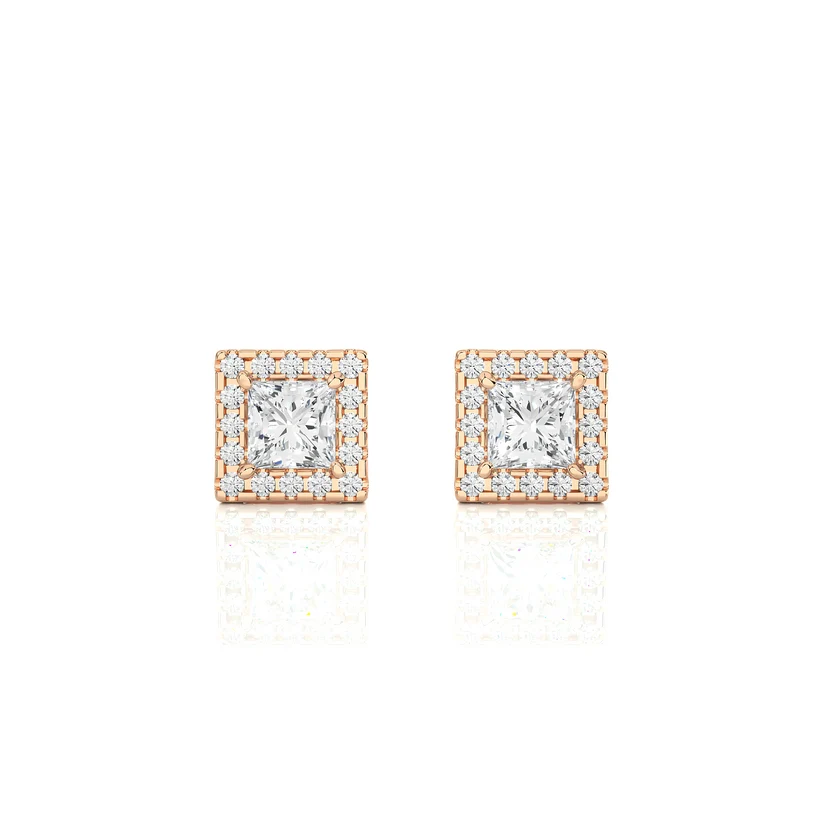 Classic Princess-Cut Diamond Halo Stud Earrings in Gold
