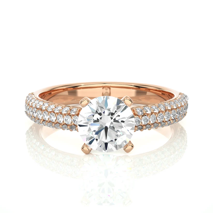 Round Brilliant Diamond Pavé Engagement Ring in Solid Yellow Gold | Triple Row Diamond Band | Classic Solitaire Ring