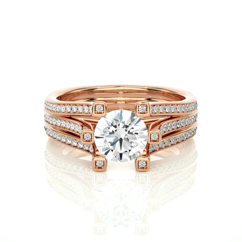 Round Brilliant Diamond Split Shank Bridal Ring Set in Solid Yellow Gold | Pavé Diamond Multi-Band Engagement Ring | Luxury Wedding Ring for Her