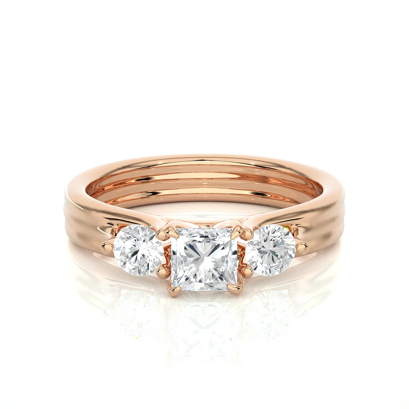 Princess Cut Three Stone Diamond Engagement Ring | Solid Yellow Gold | Round Side Diamonds | Classic Trilogy Ring | Gift for Her