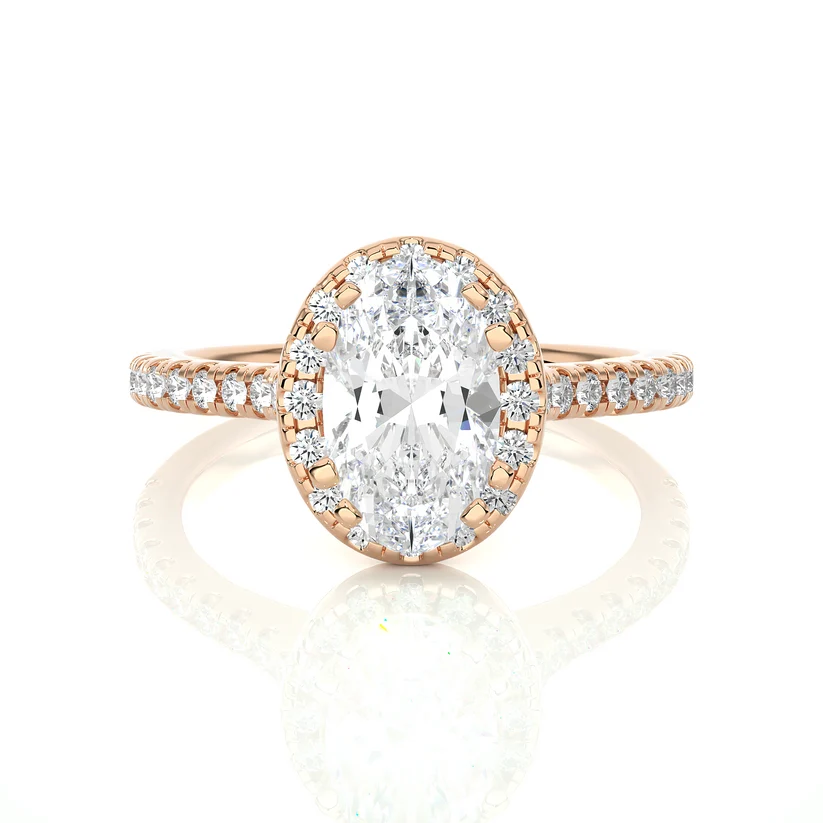 Oval Cut Halo Diamond Engagement Ring | Solid Yellow Gold | Pavé Diamond Band | Classic Halo Setting