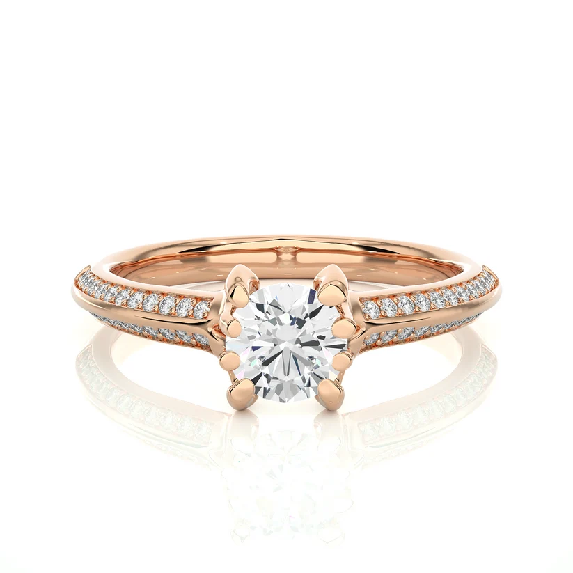 Round Solitaire Diamond Split Shank Gold Engagement Ring with Pavé Diamond Band