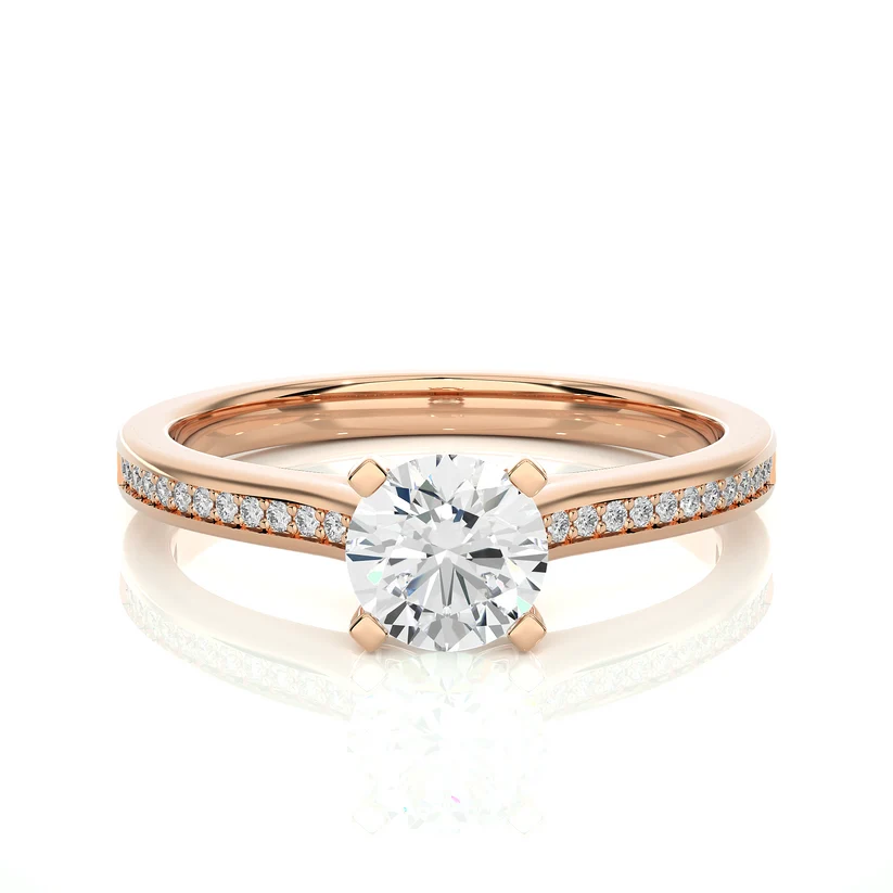 Round Solitaire Diamond Pavé Engagement Ring in Yellow Gold