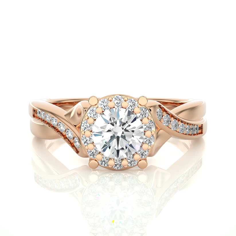 Round Halo Diamond Twist Engagement Ring | Solid Yellow Gold | Pavé Infinity Band | Classic Halo Setting
