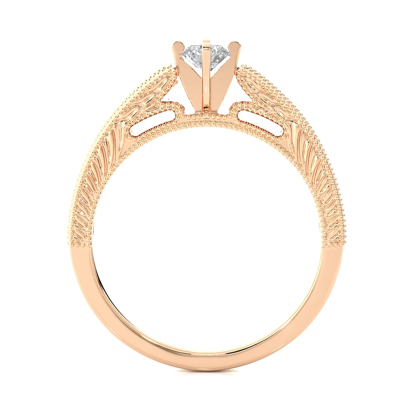 Vintage Round Solitaire Diamond Ring with Milgrain Diamond Band in 10K/14K/18K Yellow Gold