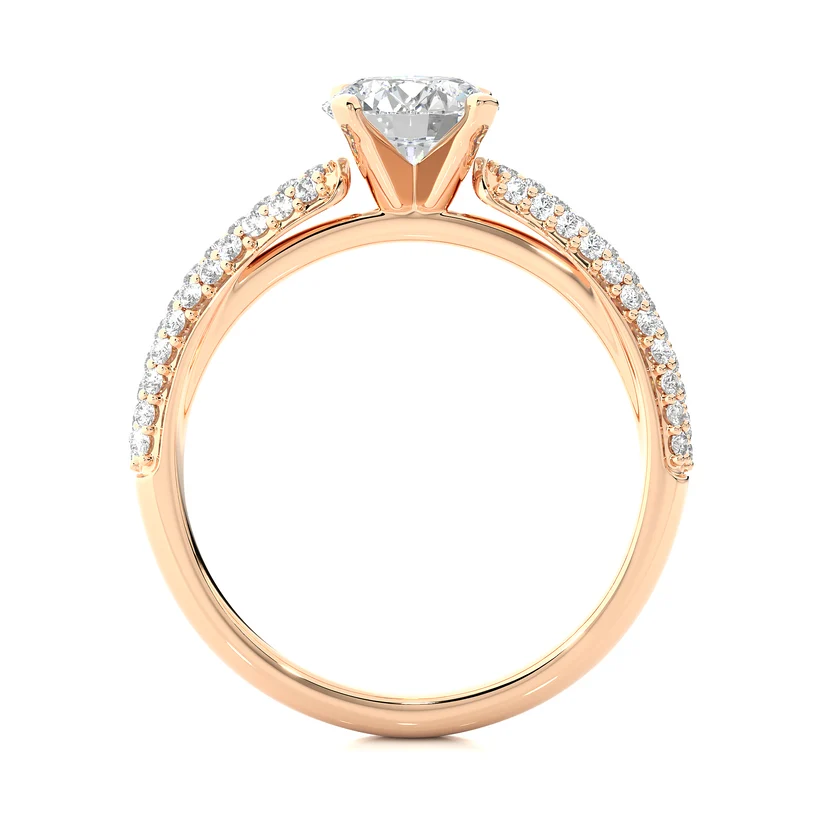 Round Brilliant Diamond Pavé Engagement Ring in Solid Yellow Gold | Triple Row Diamond Band | Classic Solitaire Ring