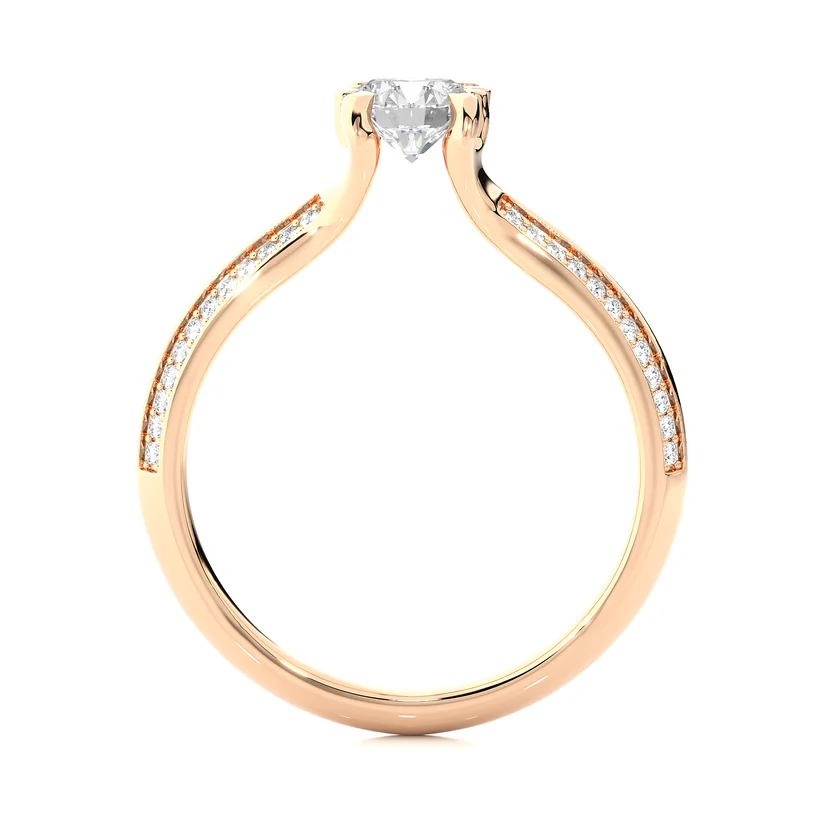 Round Solitaire Diamond Split Shank Gold Engagement Ring with Pavé Diamond Band