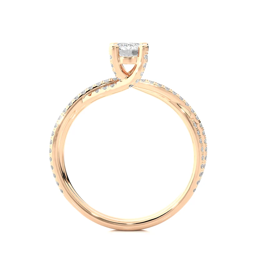 Twisted Round Solitaire Diamond Gold Engagement Ring with Pavé Diamond Band