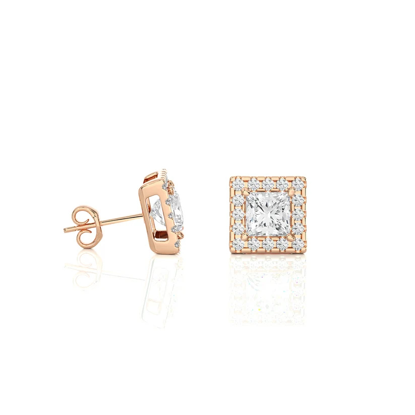 Classic Princess-Cut Diamond Halo Stud Earrings in Gold