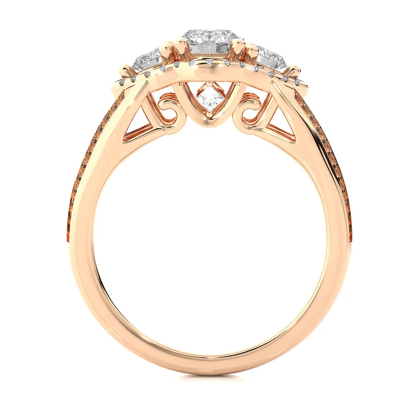 Round Three Stone Halo Diamond Engagement Ring | Solid Yellow Gold | Split Shank Pavé Band | Classic Bridal Ring