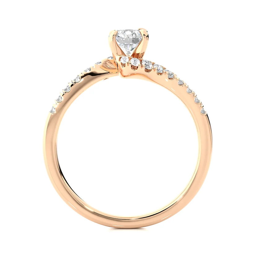 Twisted Round Brilliant Diamond Solitaire Engagement Ring | Solid Yellow Gold | Pavé Diamond Crossover Band | Four-Prong Setting | Gift for Her