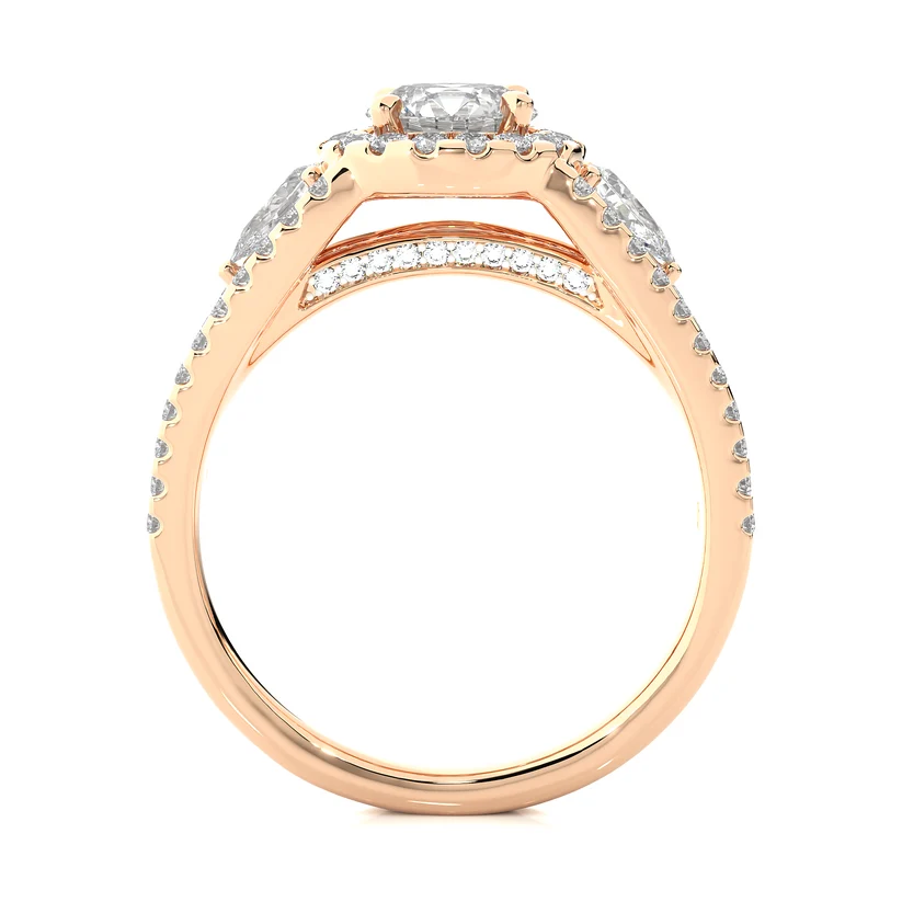 Round Halo Diamond Pear Side Stone Split Shank Engagement Ring in Solid Yellow Gold