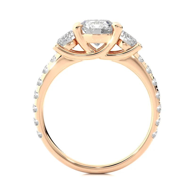 Three Stone Round Diamond Engagement Ring with Pavé Band in Solid Yellow Gold