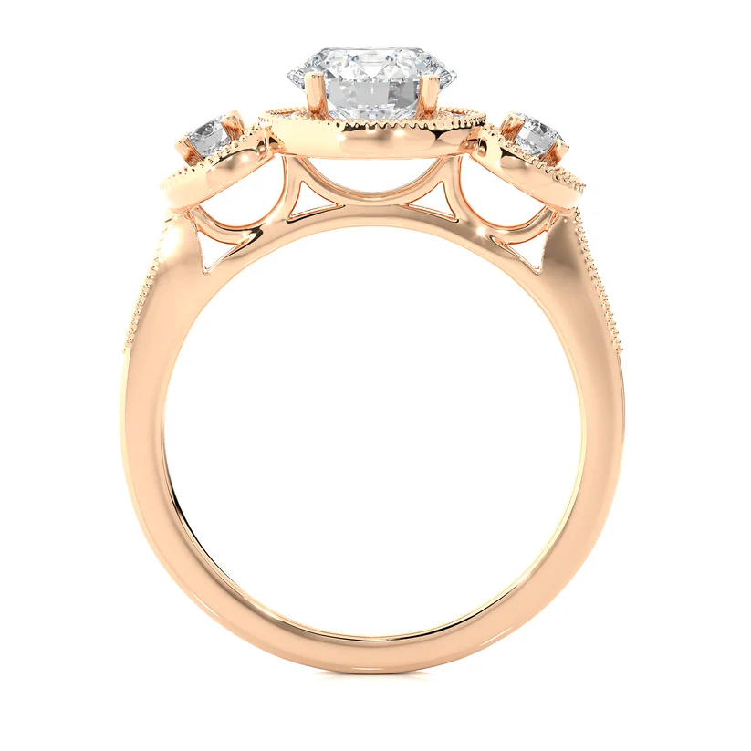 Vintage Three Stone Round Diamond Halo Engagement Ring | Solid Yellow Gold | Milgrain Diamond Ring | Classic Bridal Jewelry | Gift for Her