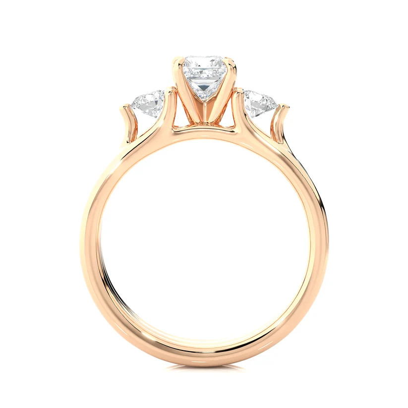 Princess Cut Three Stone Diamond Engagement Ring | Solid Yellow Gold | Round Side Diamonds | Classic Trilogy Ring | Gift for Her