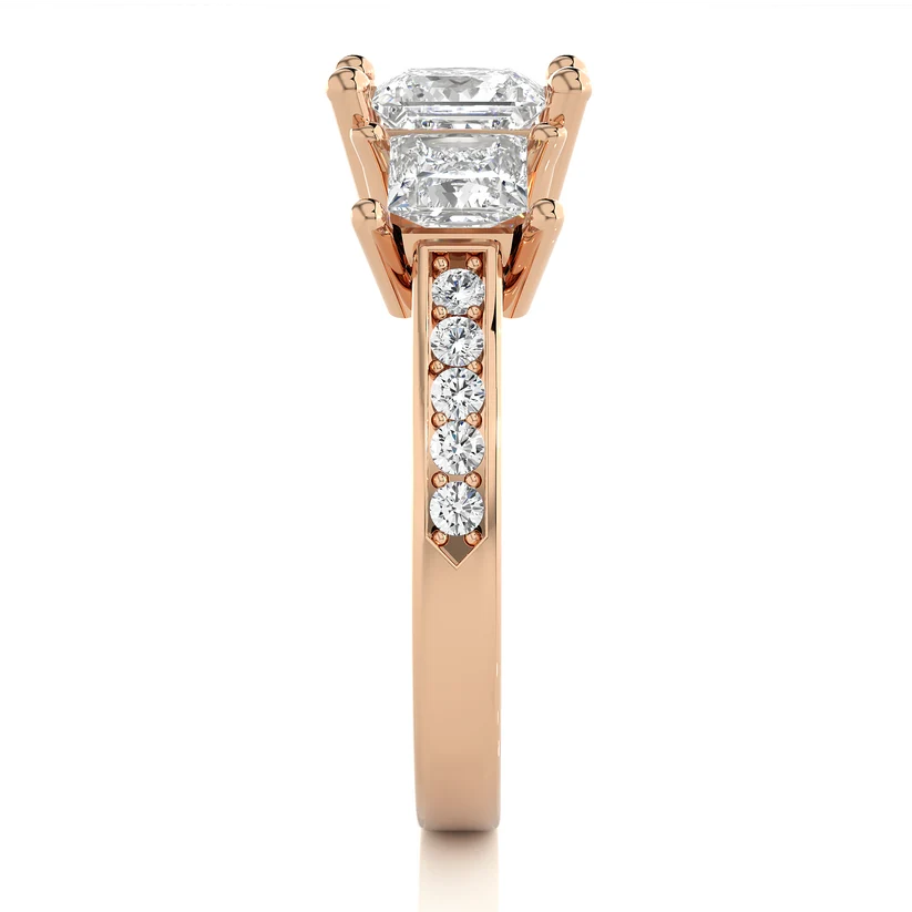 Princess Cut Three Stone Diamond Engagement Ring | Solid Yellow Gold | Channel-Set Diamond Band | Classic Trilogy Ring | Gift for Her