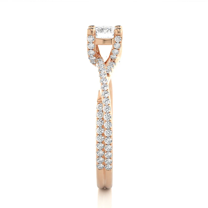 Twisted Round Solitaire Diamond Gold Engagement Ring with Pavé Diamond Band