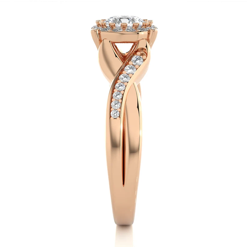 Round Halo Diamond Twist Engagement Ring | Solid Yellow Gold | Pavé Infinity Band | Classic Halo Setting