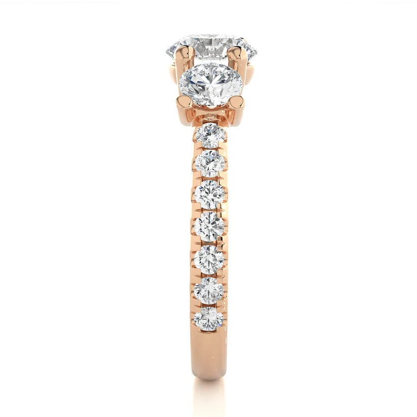Three Stone Round Diamond Engagement Ring with Pavé Band in Solid Yellow Gold