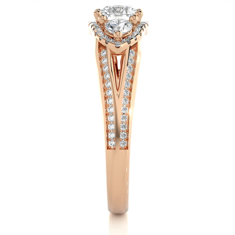Round Three Stone Halo Diamond Engagement Ring | Solid Yellow Gold | Split Shank Pavé Band | Classic Bridal Ring