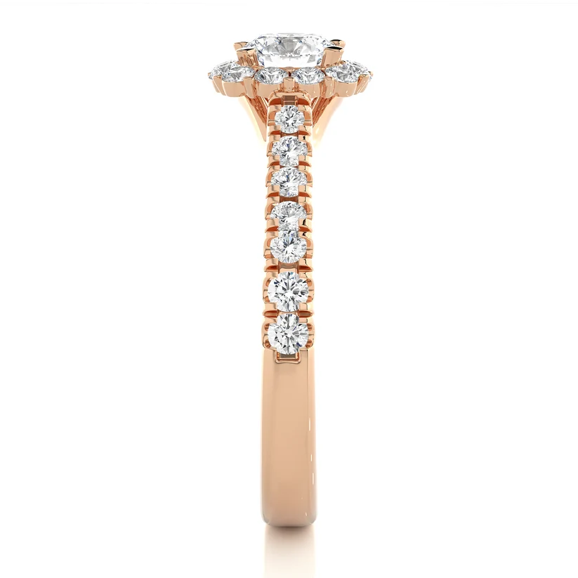 Round Halo Diamond Engagement Ring | Solid Yellow Gold | Pavé Diamond Band | Classic Halo Setting |