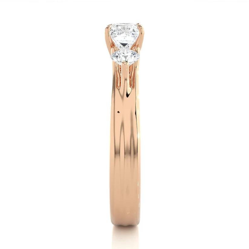 Princess Cut Three Stone Diamond Engagement Ring | Solid Yellow Gold | Round Side Diamonds | Classic Trilogy Ring | Gift for Her