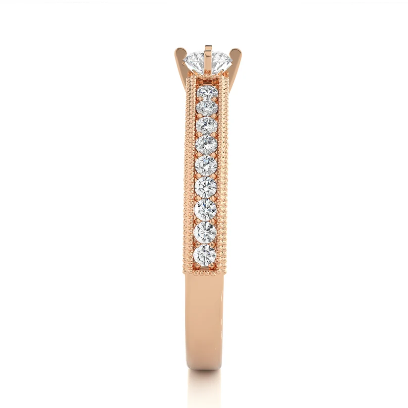 Vintage Round Solitaire Diamond Ring with Milgrain Diamond Band in 10K/14K/18K Yellow Gold