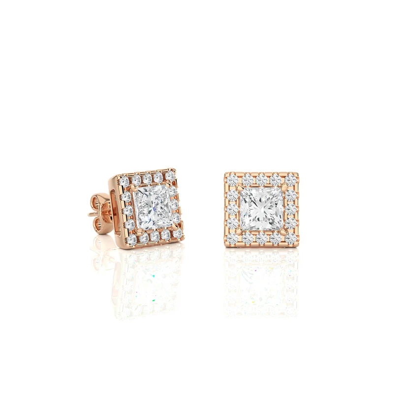 Classic Princess-Cut Diamond Halo Stud Earrings in Gold