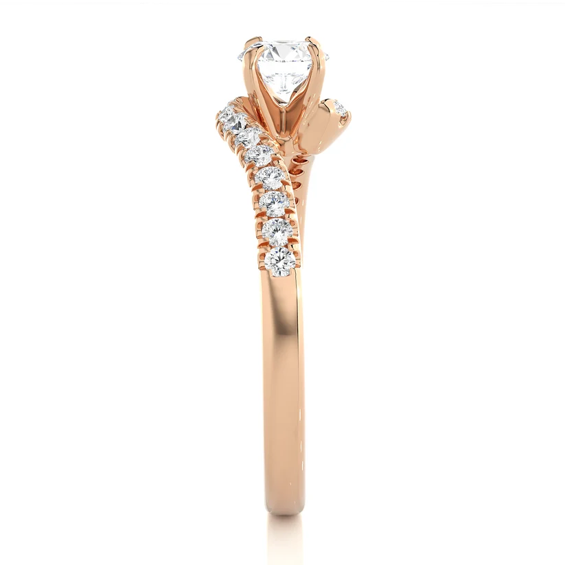 Twisted Round Brilliant Diamond Solitaire Engagement Ring | Solid Yellow Gold | Pavé Diamond Crossover Band | Four-Prong Setting | Gift for Her