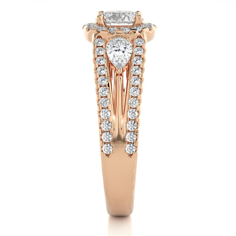 Round Halo Diamond Pear Side Stone Split Shank Engagement Ring in Solid Yellow Gold