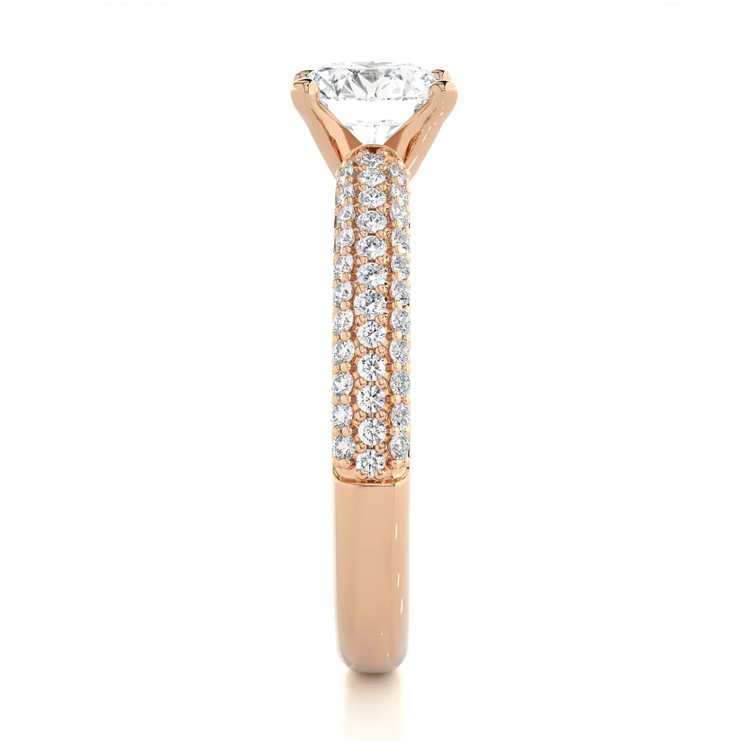 Round Brilliant Diamond Pavé Engagement Ring in Solid Yellow Gold | Triple Row Diamond Band | Classic Solitaire Ring